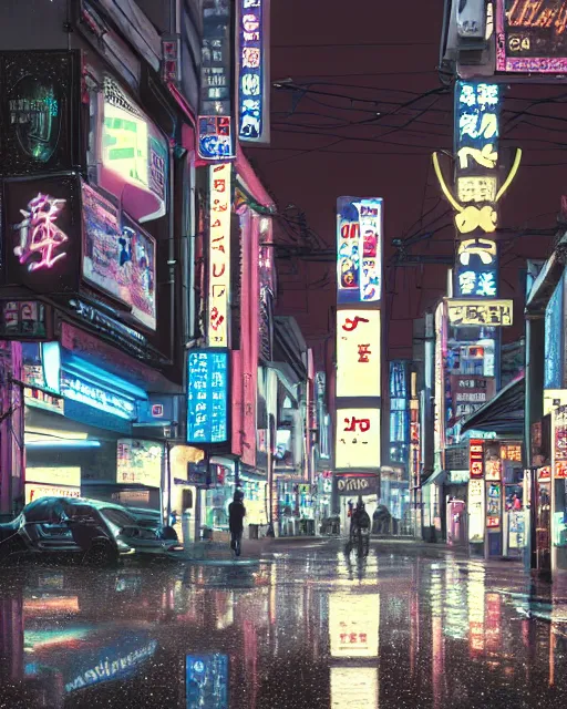 Image similar to realist digital painting of a tokyo street, night with neon signs as the main source of light, raining and lights reflecting off puddles on the street, a woman with an umbrella is walking away from us, unreal engine, hyper realism, realistic shading, cinematic composition, realistic render, octane render, detailed textures, photorealistic, ultrawide shot, 3 5 mm film