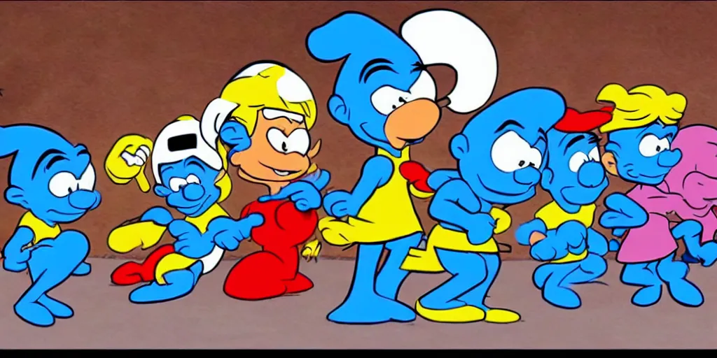 Image similar to the smurfs in the avengers, animation, hanna barbera style