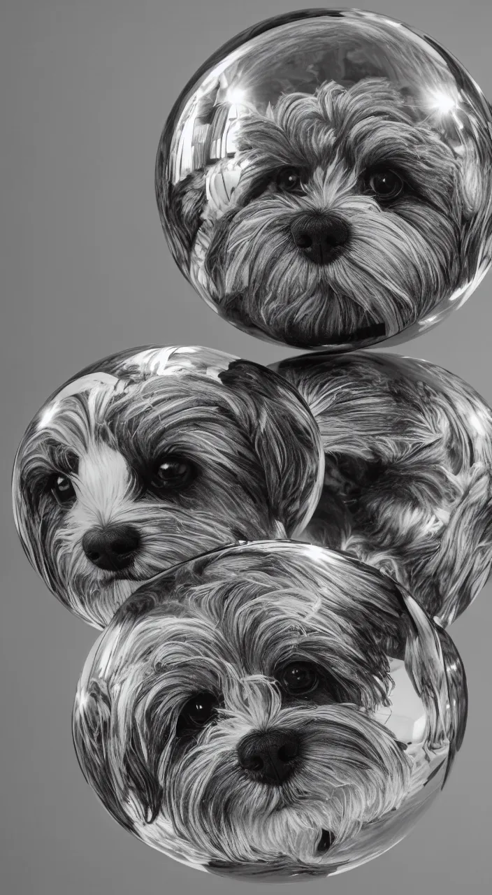 Image similar to full body portrait of one havanese dog reflected in a chrome sphere, ultra wide 1 0 mm, by m c escher pen and paper