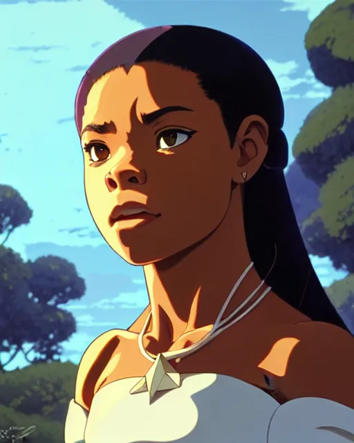 Image similar to azctec warrior, regina hall, detailed perfect face, exquisite details, fire magic, mid view, design on a white background, by studio muti, greg rutkowski makoto shinkai takashi takeuchi studio ghibli