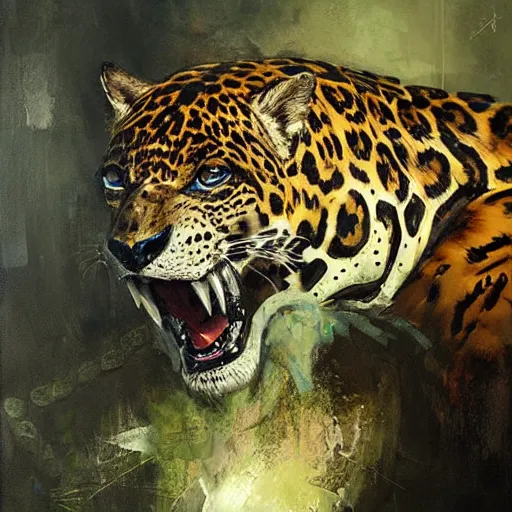 Image similar to jaguar and crocodile morphed together, hybrid mutant animal, jeremy mann painting