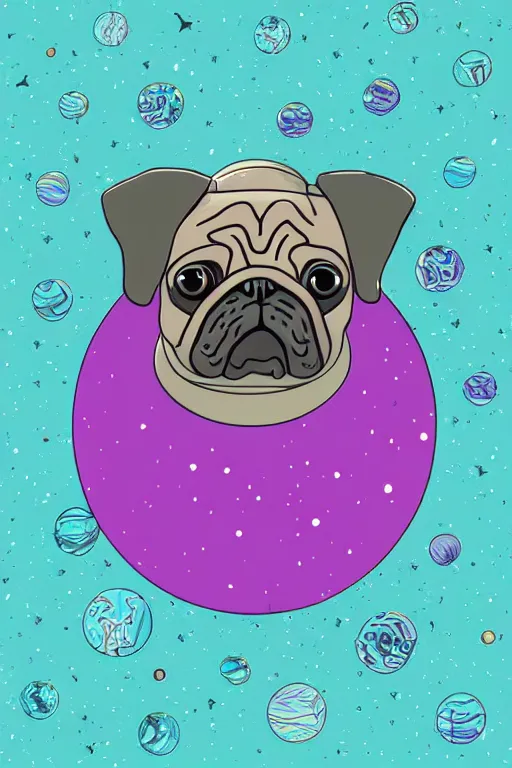 Image similar to planet pug floating in space, art by brian miller, sticker, colorful, illustration, highly detailed, simple, smooth and clean vector curves, no jagged lines, vector art, smooth