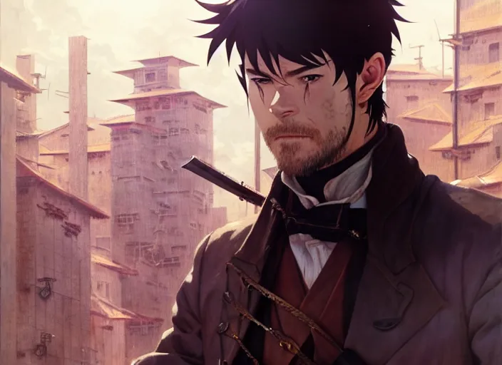 Prompt: a film still portrait of a confident butcher steampunk assassin man who resembles chris hemsworth, finely detailed features, closeup at the faces, perfect art, at an ancient city, gapmoe yandere grimdark, trending on pixiv fanbox, painted by greg rutkowski makoto shinkai takashi takeuchi studio ghibli, akihiko yoshida