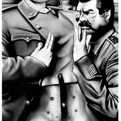 Image similar to lgbt art, tom of finland style, stalin, lenin, in billy herrington body, art in 4 k, high quality, masterpiece