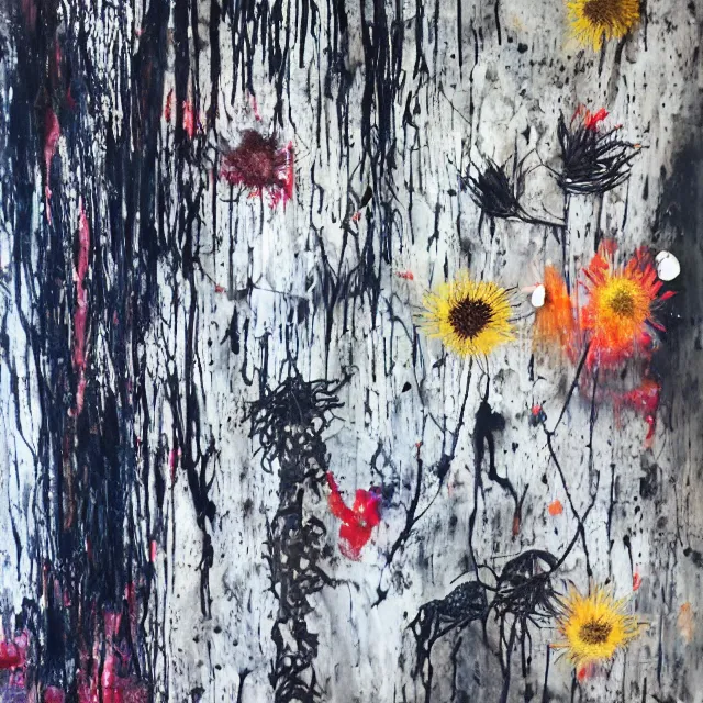 Prompt: “ charred, bushfire, a portrait in a female art student ’ s apartment, australian wildflowers, sensual, queer woman, flax, flannel flower, bottlebrush, eucalyptus, art supplies, a candle dripping white wax, aboriginal art, berry juice drips, acrylic and spray paint and oilstick on canvas, surrealism, neoexpressionism ”