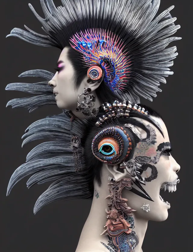 Image similar to 3 d goddess close - up profile portrait punk with mohawk with ram skull. beautiful intricately detailed japanese crow kitsune mask and clasical japanese kimono. betta fish, jellyfish phoenix, bio luminescent, plasma, ice, water, wind, creature, artwork by tooth wu and wlop and beeple and greg rutkowski