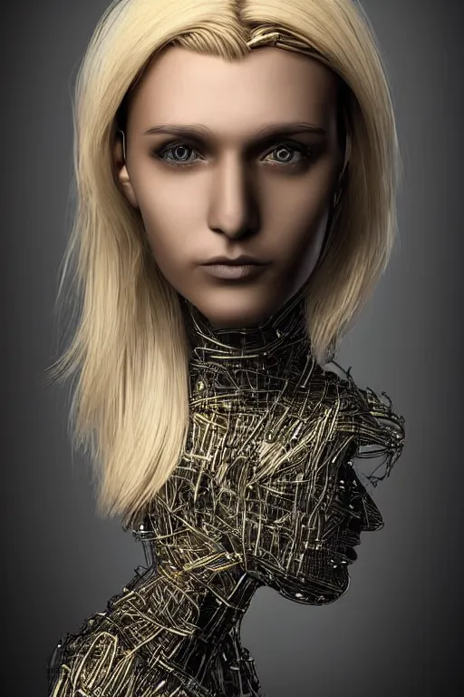 Image similar to robot with human face, female head, full body angle, woman human face, human face realistic, beautiful blonde hair, human head, human head with blonde hair, blonde hair human head, blonde hair, human realistic face, human head skin, cyborg frame concept, cyborg by ales-kotnik, sci-fi android female, the body is made of wires, robotic body, cyborg body, cyborg bust body, robot body cyborg, full body