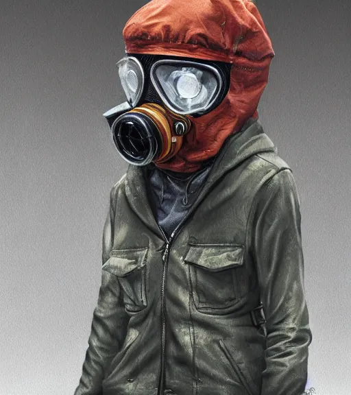 Prompt: a girl wearing a jacket, gas mask, punk outfit, highly detailed, digital painting, artstation, concept art, smooth, sharp focus, illustration