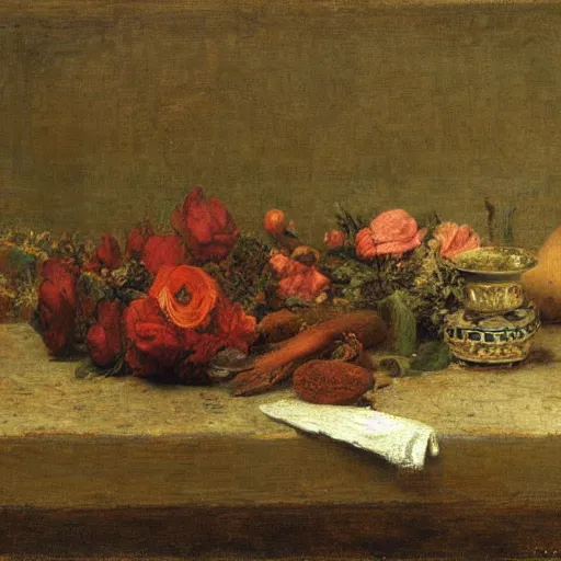 Prompt: Realistic still life of a Jaguar XK straight six engine, by Henri Fantin-Latour, 1866,