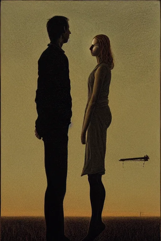 Image similar to man and woman, in the void, by the mirror, station, james gillard, zdislav bexinski, high detail alex colville, otto mueller, stephen conroy, andrea kowch, andrew newell wyeth, daniel meidman jussi picho octane rendering