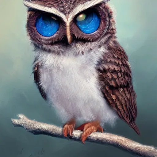 Prompt: a small brown elf owl with blue eyes, artstation, by Anna Podedworna