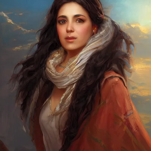 Image similar to portrait of a greek woman ( 3 5 ) from greece in 2 0 2 1, an oil painting by ross tran and thomas kincade