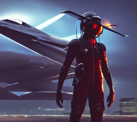 Image similar to fighter pilot stands beside futuristic sci fi fighter jet grounded at runway of cyberpunk city ,dark cinematic lighting , digital concept art