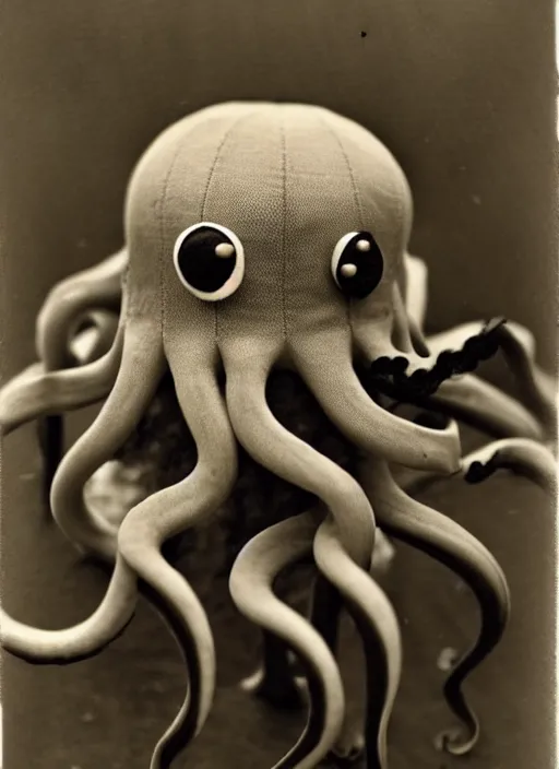 Image similar to anthropomorphic octopus , wearing a suit, tentacles spilling out of the collar, vintage photograph, sepia