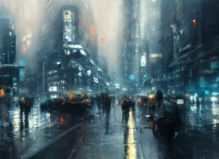 Prompt: neotokyo cityscape in winter painted by jeremy mann, street - level, dripping oil paint, thick brushstrokes, abstracted painterly techniques, high resolution, 8 k