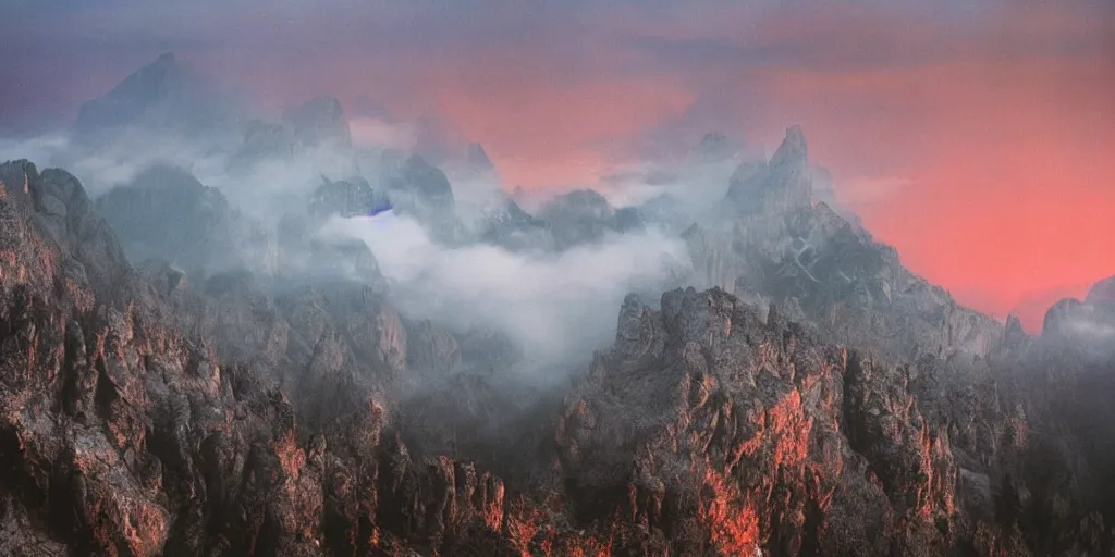 Image similar to 1 9 2 0 s color spirit photography 0 9 9 9 2 9 9 of alpine sunrise in the dolomites, red lit mountains, fog, by william hope, beautiful, dreamy, grainy