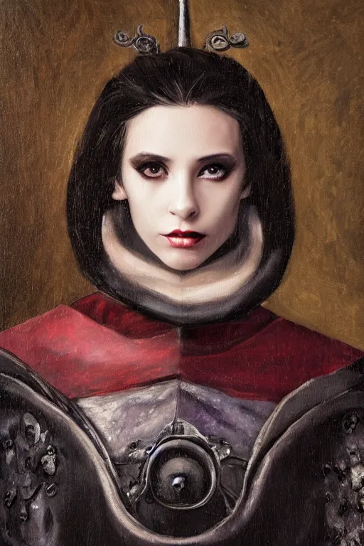 Image similar to hyperrealism oil painting, close - up portrait of european medieval brunette vampire fashion model, knight, steel gradient mixed with nebula sky, in style of baroque