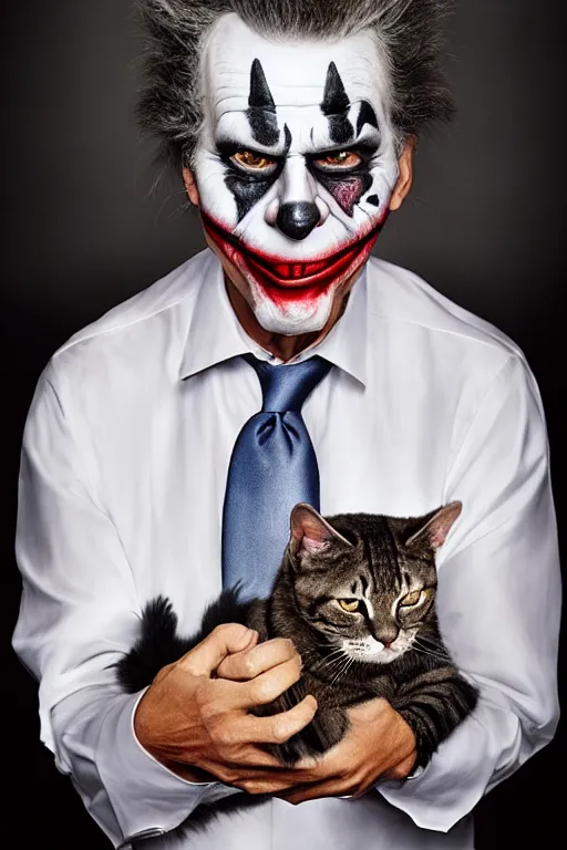 Image similar to Mauricio Macri with an angry cat in his hand in Elaborate Joker Makeup and prosthetics designed by Rick Baker, Hyperreal, Head Shots Photographed in the Style of Annie Leibovitz, Studio Lighting