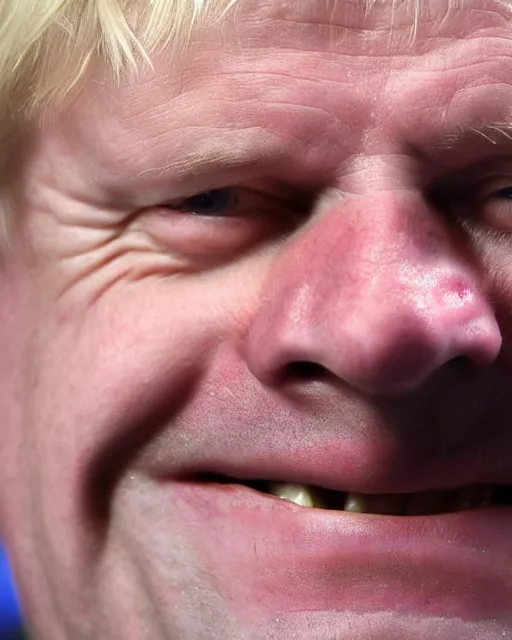 Image similar to a film still extreme close - up shot of boris johnson grinning. photography, photographic