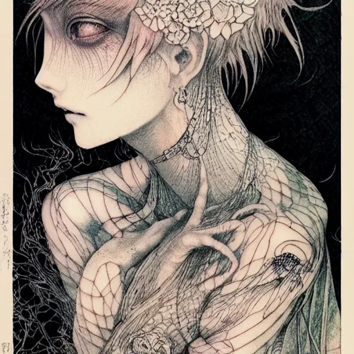 Image similar to prompt: Fragile looking vessel portrait tattooed face character soft light drawn by Vania Zouravliov and Takato Yamamoto, inspired by Fables, magical and alchemical weapons, soft light, white background, intricate detail, intricate ink painting detail, sharp high detail, manga and anime 2000