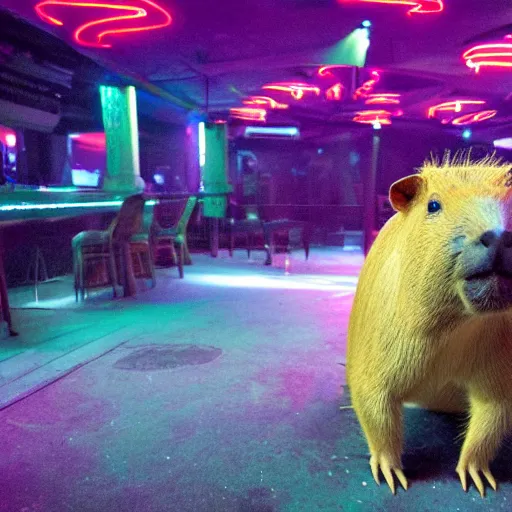 Image similar to capybara wearing shades in a night club, trippy club lighting