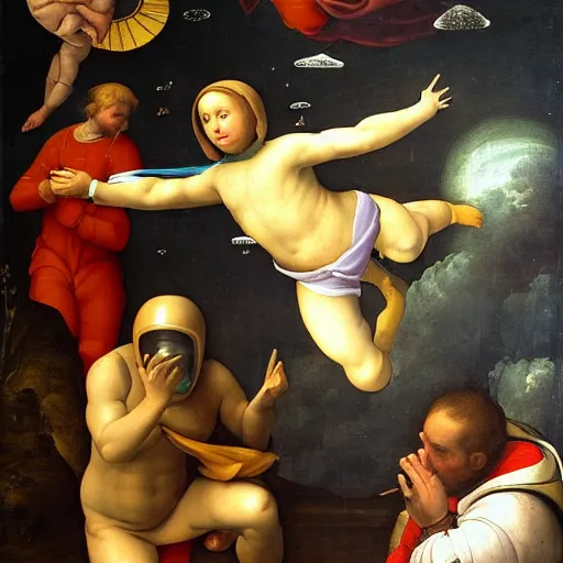 Prompt: beautiful renaissance painting of an astronaut floating in space