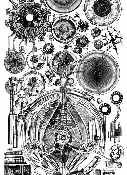 Prompt: black and white boho scientific illustration of mysterious and arcane mechanical items. by skullfungus, composition, fine lines, very high details