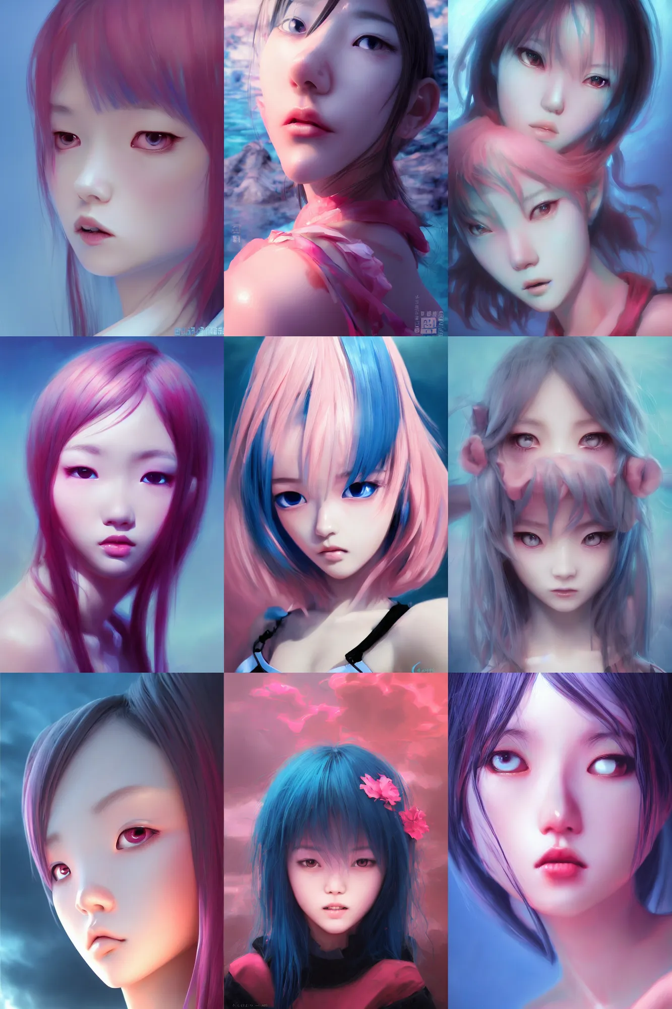 Prompt: 3d dark infrared octane render concept portrait and landscape art by D. Jun, by Mo Xiang Tong Xiu, by Igarashi Daisuke, beauty anime schoolgirl under dark pink and blue water. cute detailed face. dramatic light, trending on artstation, oil painting.
