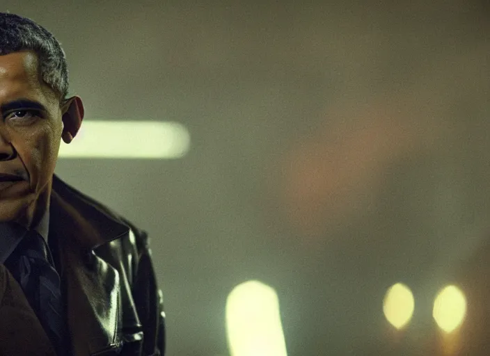 Prompt: film still barack obama wearing leather coat as a detective in blade runner, 8 k