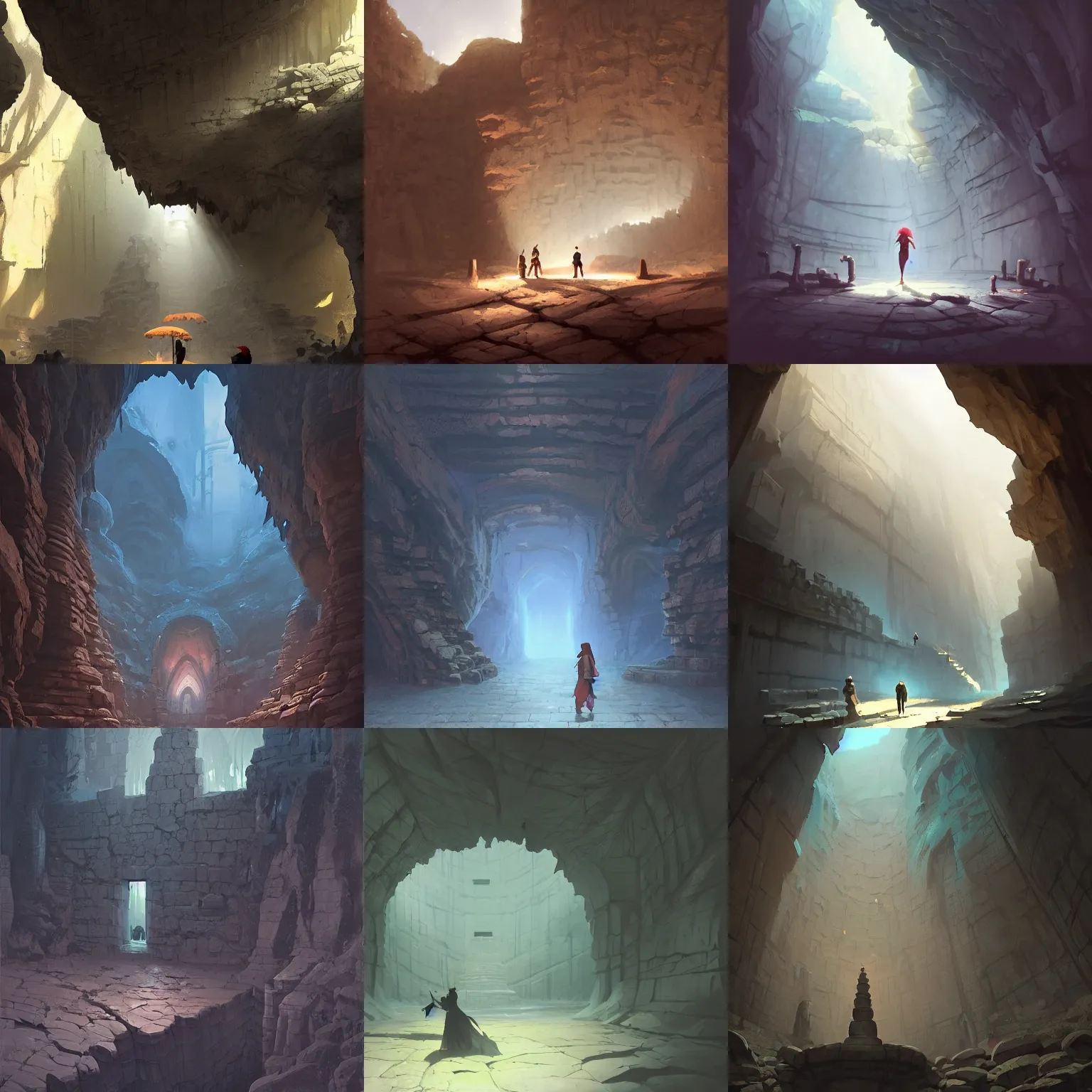 Prompt: underground dark ancient temple cavern, no people, silent, scenery matte painting concept art, cell shaded, trending on behance, artstation, by Greg Rutkowski, Cushart Krentz and Gilleard James Jesper Ejsing, by RHADS and Makoto Shinkai and Lois van baarle and ilva kuvshinov and rossdraws