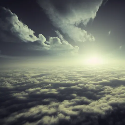 Image similar to an eternal being that lives above the clouds, realistic lighting, aerial view, creepy atmosphere