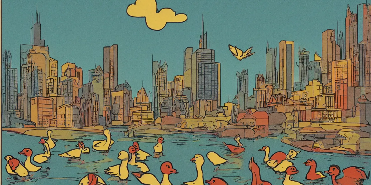 Prompt: comic book style, art deco era, landscape, city, park, ducks