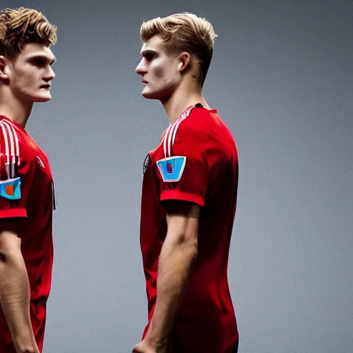 Image similar to a realistic detailed photo of a guy who is an attractive humanoid who is half robot and half humanoid, who is a male android, soccer players martin ødegaard & timo werner, shiny skin, posing like a statue, blank stare, in a factory, on display, showing off his muscles, gold soccer shorts, side view, looking at each other mindlessly