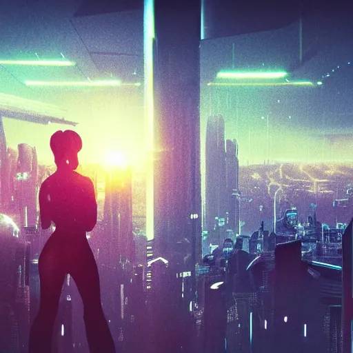 Prompt: « futuristic city, cyberpunk, blade runner, sunrise, morning, girl watching the sky, ground view to the top »
