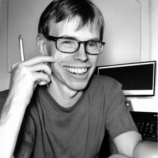 Prompt: a portrait John Carmack winking seductively while writing code on an office computer. Vintage photography.