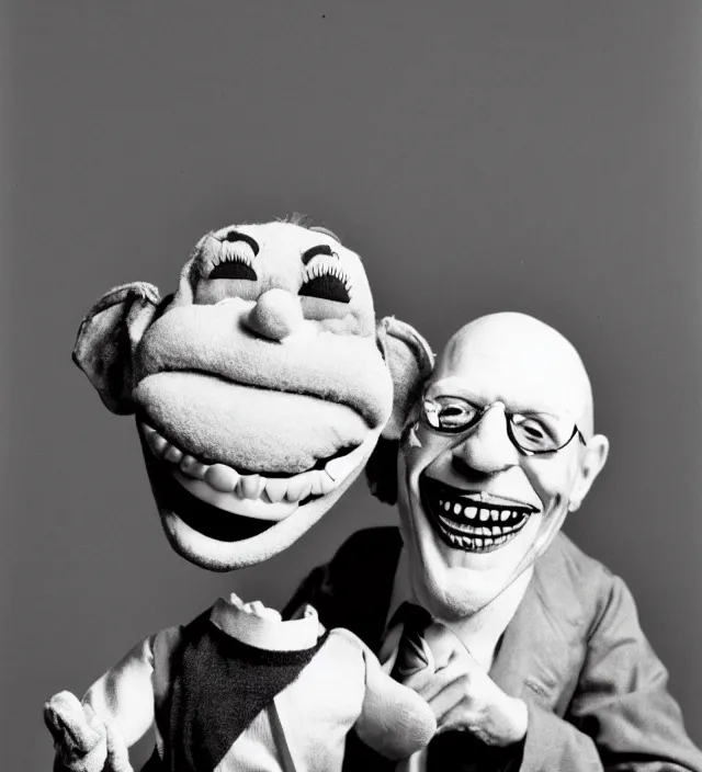 Image similar to hyper realistic old 1 9 8 0 photography of lunatic mad smiling ventriloquist old man with terrific haunted smiling puppet