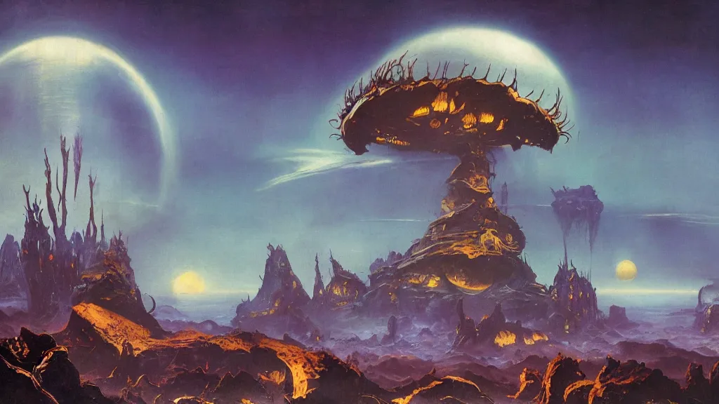 Prompt: eerie alien planet empire by frank frazetta and bruce pennington, cinematic matte painting