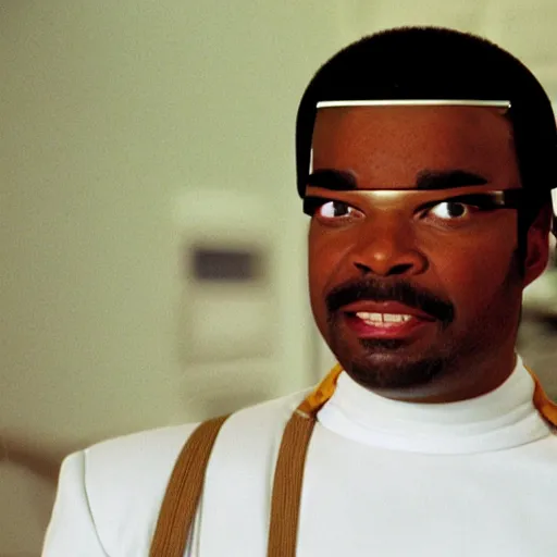 Image similar to Geordi LaForge wearing visor and a colander and random kitchen tools on his head