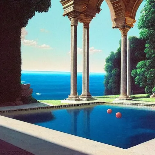 Prompt: David Ligare masterpiece, hyperrealistic surrealism, award winning masterpiece with incredible details, beautiful lighting, pool caustics, illuminated orbs, epic stunning, infinity pool, a surreal vaporwave liminal space, highly detailed, trending on ArtStation, broken giant marble head statue ruins, calming, meditative, geometric liminal space, palm trees, very vaporwave, very very surreal, sharp details