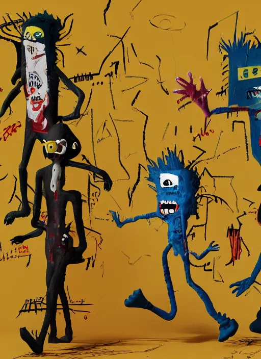 Image similar to hyperrealistic 3D monsters sneaking up on a boy, in the style of Jean-Michel Basquiat, Trending on artstation, cinematic, hyper realism, octane render, 8k, depth of field