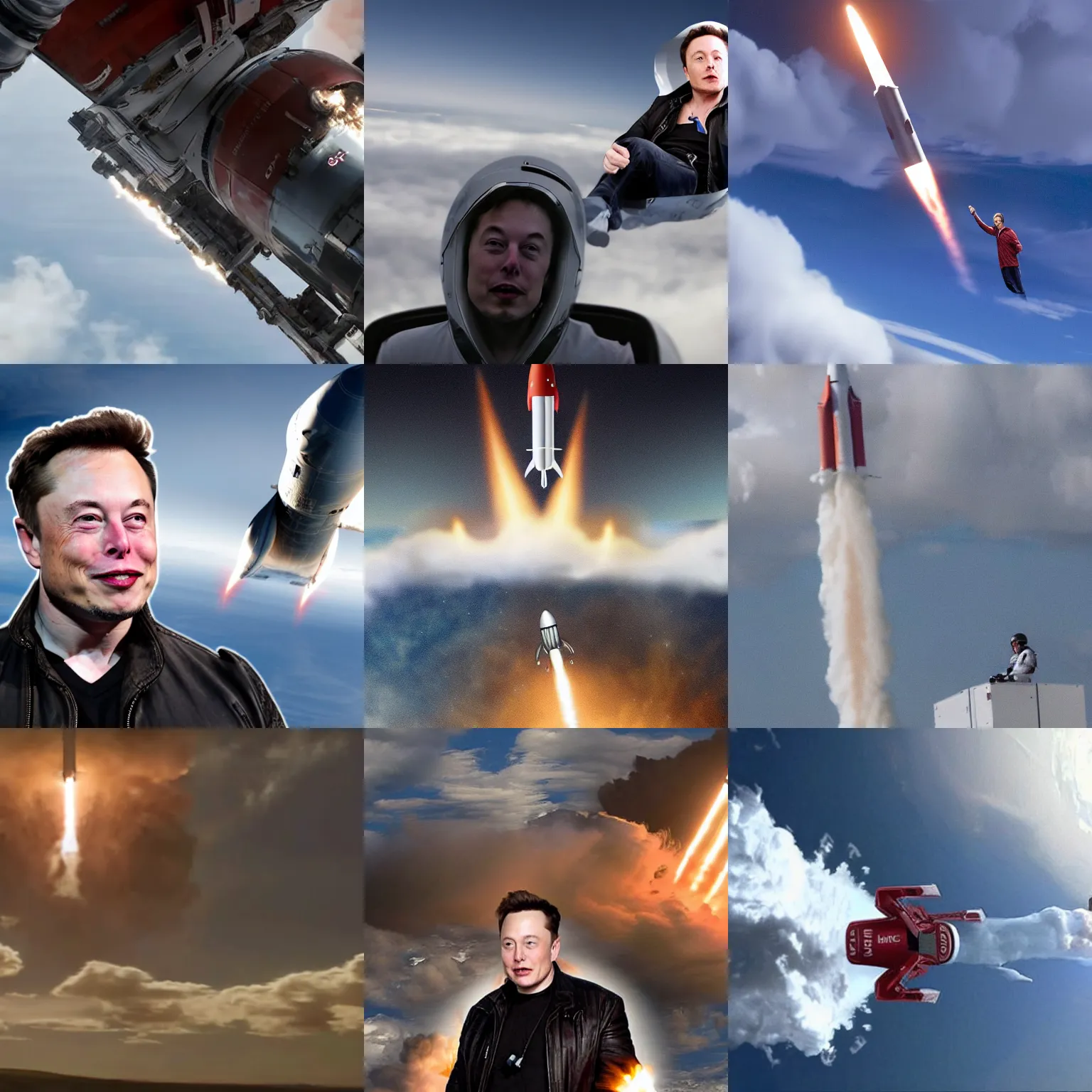 Prompt: elon musk riding on a giant rocket flying through the clouds