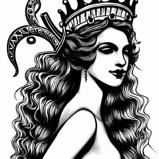 Image similar to new school black and white tattoo design of a female siren wearing a crown, full body, highly detailed