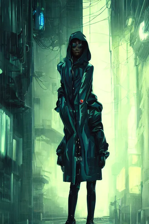 Image similar to a woman in a raincoat standing in a dark alley, cyberpunk art by vincent lefevre, featured on cgsociety, afrofuturism, darksynth, 2 d game art, behance hd