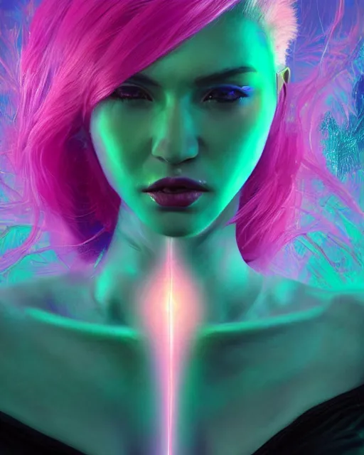 Prompt: a powerful energy psychedelic matrix goddess with pink hair, by alexander fedosav, hyper detailed digital matte painting, concept art, hyperrealism, 1 6 k resolution, cinema 4 d, 8 k resolution, trending on artstation, behance hd, a masterpiece, by stephan martiniere, particles, cel - shaded, power bright neon energy, by david a. hardy