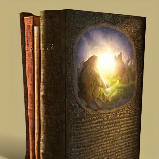 Image similar to light falling on a mythical book in dark background, artstation