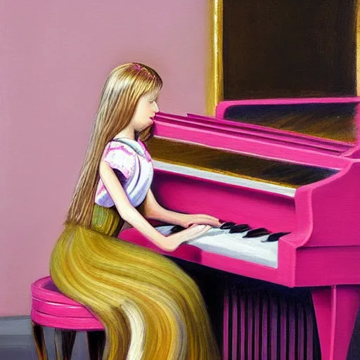 Prompt: highly detailed painting of russian girl with long blond hair playing a pink piano with a cup of tea, realistic, soft light, sharp focus