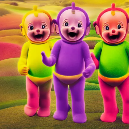 Image similar to teletubbies photorealistic, high quality, detailed, 8k rendered