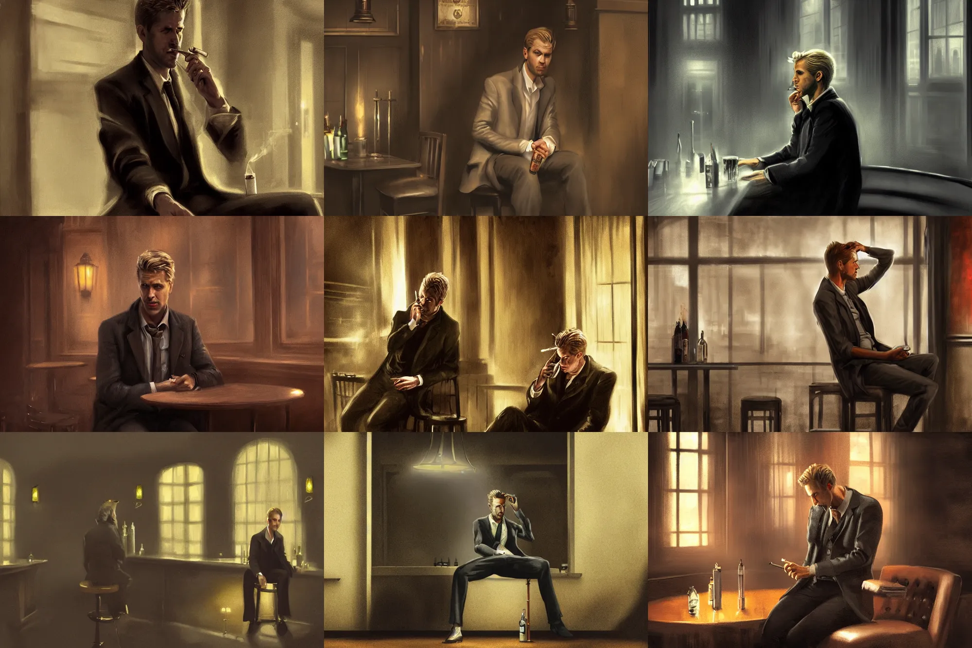 Prompt: matte painting character illustration of john constantine sitting down in a shadowed corner of the room at a bar in london smoking a cigarette, digital painting, illustration, john singer sargent, gothic, amazing values, 8 k, symmetrical face details, realistic face details, realistic eyes, moody lighting, blonde man, graphic style, octane render