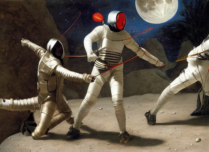 Image similar to a fencing match on the moon by edgar maxence and caravaggio and michael whelan and delacroix style, artistic, intricate painting, cinematic lighting, hyper realistic, extremely detailed, establishing shot, 8 k resolution, dramatic lighting