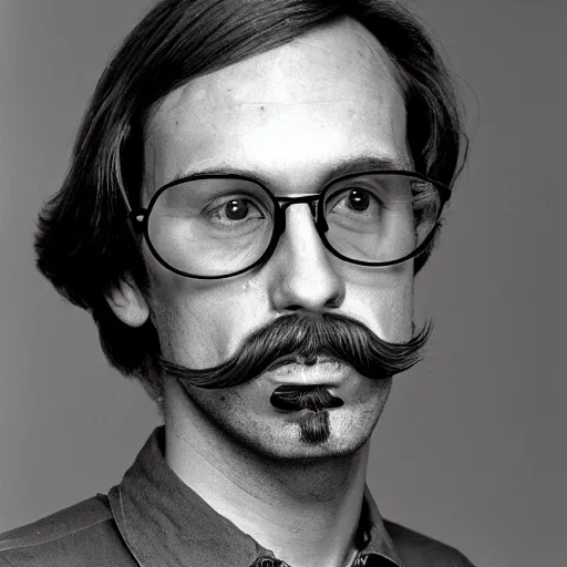 Prompt: A photograph portrait of Jerma985 with medium length wavy hair, a combover, navigator glasses, and a mustache, and wearing late 1970s menswear in the late 1970s, taken in the late 1970s, grainy, taken on a 1970s Polaroid Camera, realistic, hyperrealistic, very realistic, highly detailed, very detailed, extremely detailed, detailed, digital art, trending on artstation, colorized photo, colored photo